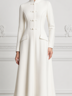 White Dress Stand Collar Frog Button A-Line Midi Dress