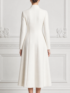 White Dress Stand Collar Frog Button A-Line Midi Dress