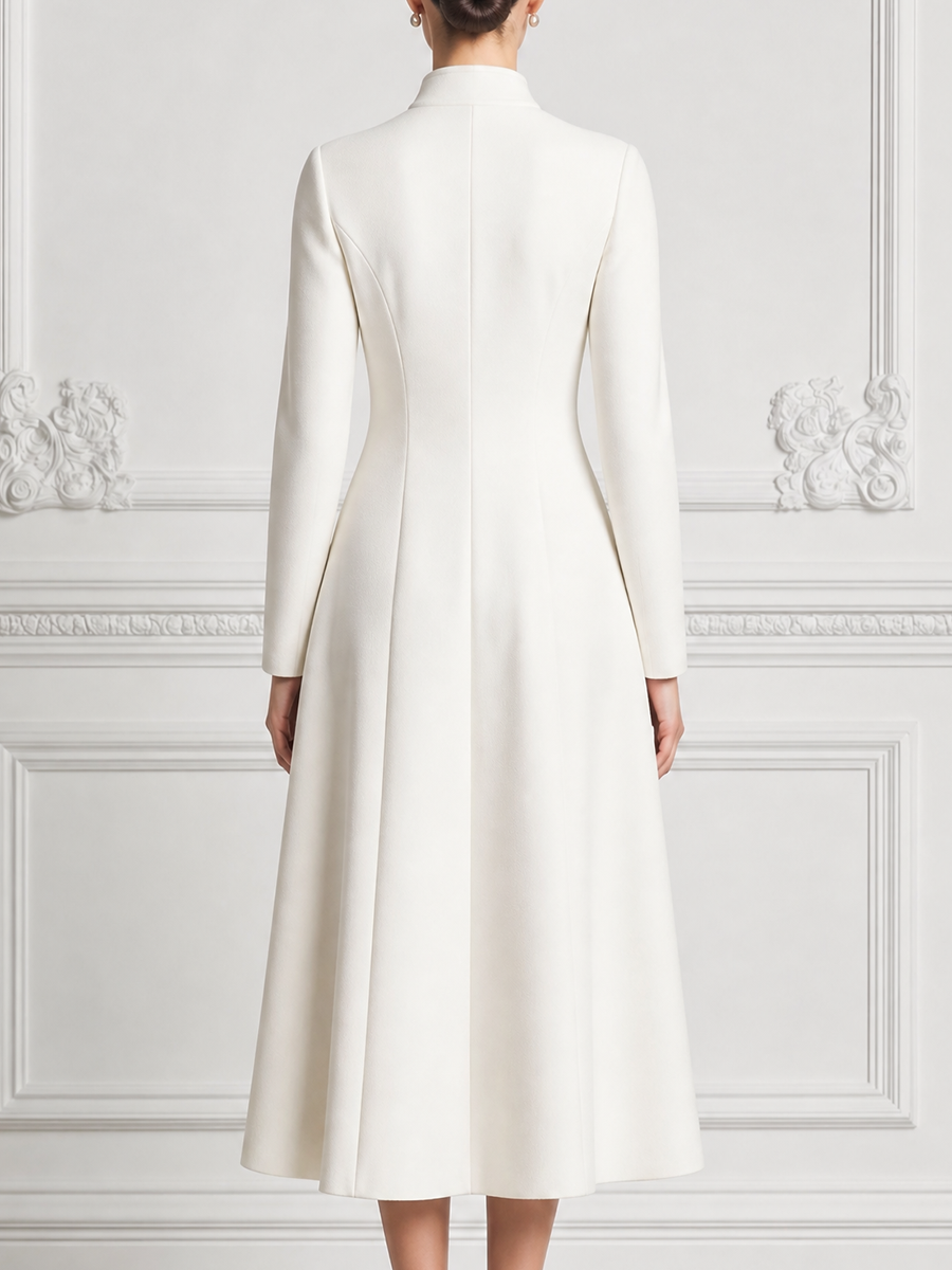 White Dress Stand Collar Frog Button A-Line Midi Dress