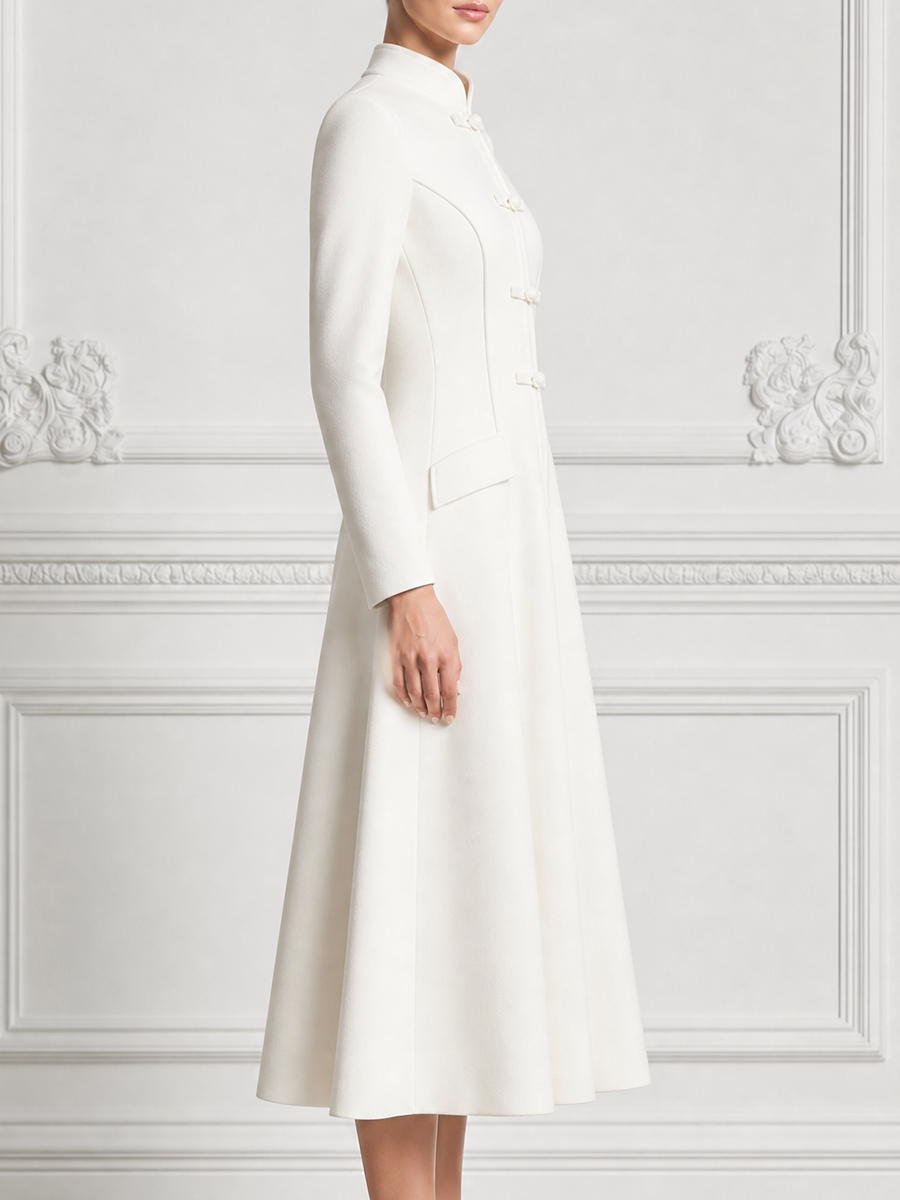 White Dress Stand Collar Frog Button A-Line Midi Dress
