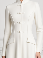 White Dress Stand Collar Frog Button A-Line Midi Dress