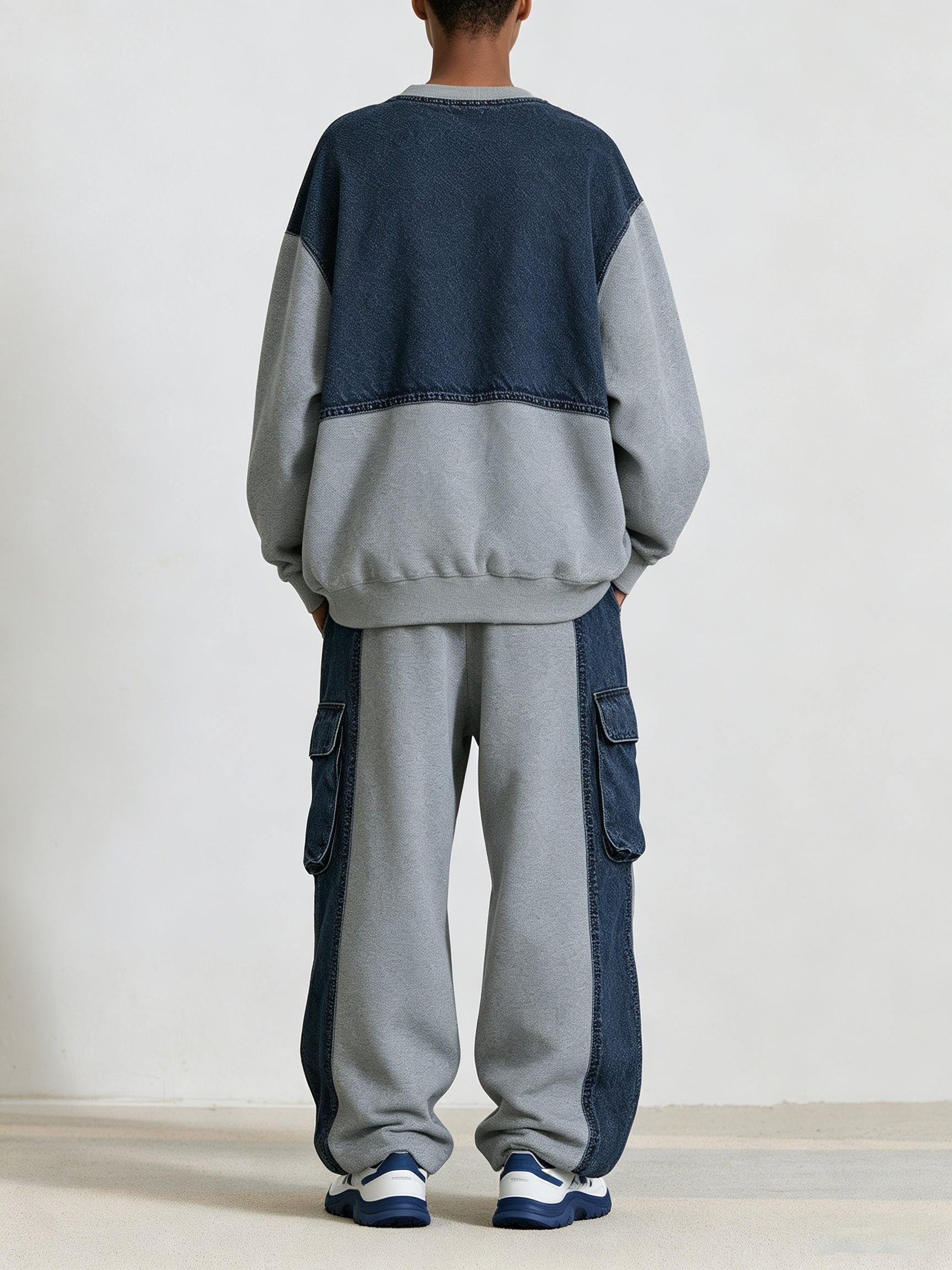 Women’s Denim Contrast Cargo Set – Oversized Sweatshirt & Utility Pants Co-Ord