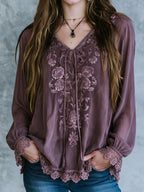 Boho Tie V Neck Dusty Mauve Floral Embroidered Blouse