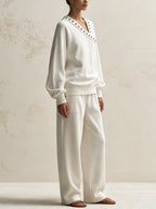 Title: Women’s Contrast Stud V-Neck Sweatshirt & Cargo Jogger Set