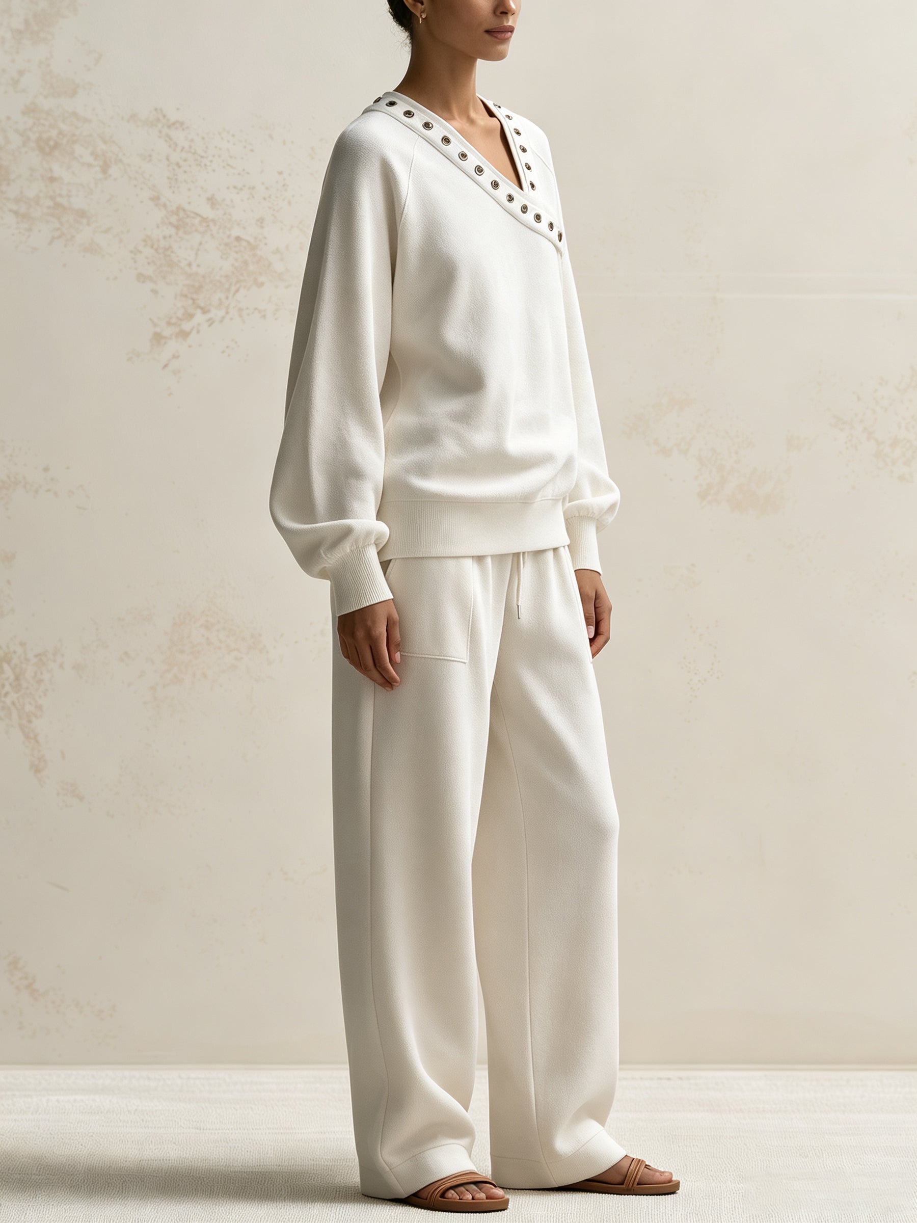 Title: Women’s Contrast Stud V-Neck Sweatshirt & Cargo Jogger Set