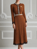 Brown Fall Fashion Lace Trim Pearl Button Pleated Knit Midi Dress