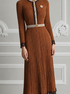 Brown Fall Fashion Lace Trim Pearl Button Pleated Knit Midi Dress