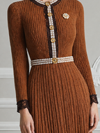 Brown Fall Fashion Lace Trim Pearl Button Pleated Knit Midi Dress
