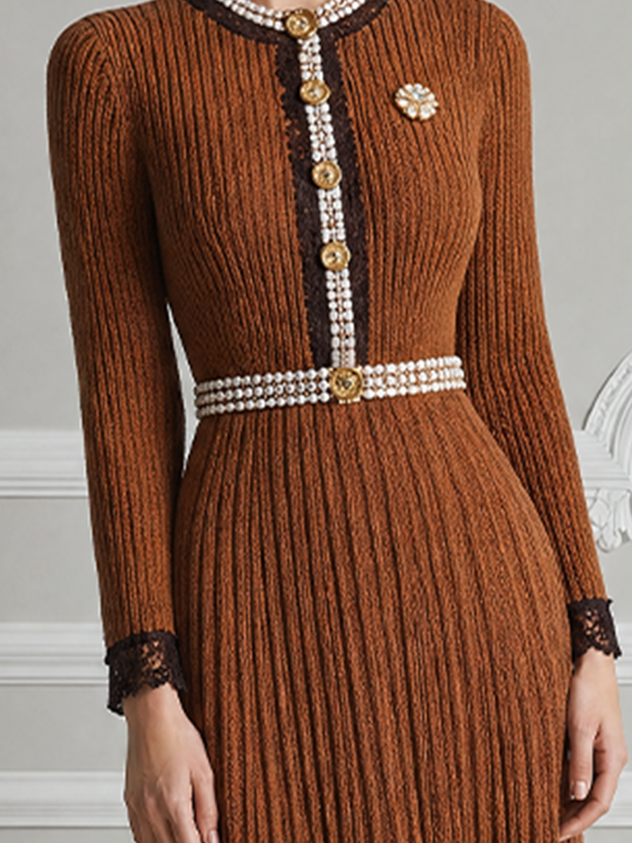 Brown Fall Fashion Lace Trim Pearl Button Pleated Knit Midi Dress