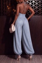Women's Fashion Halter Waist Cinching Loose Pants Denim Jumpsuit