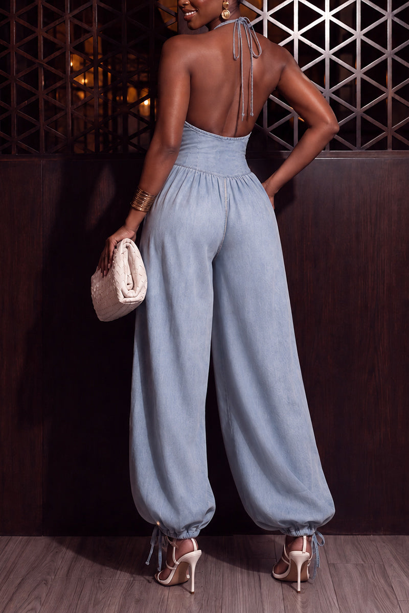 Women's Fashion Halter Waist Cinching Loose Pants Denim Jumpsuit