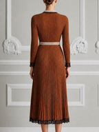 Brown Fall Fashion Lace Trim Pearl Button Pleated Knit Midi Dress
