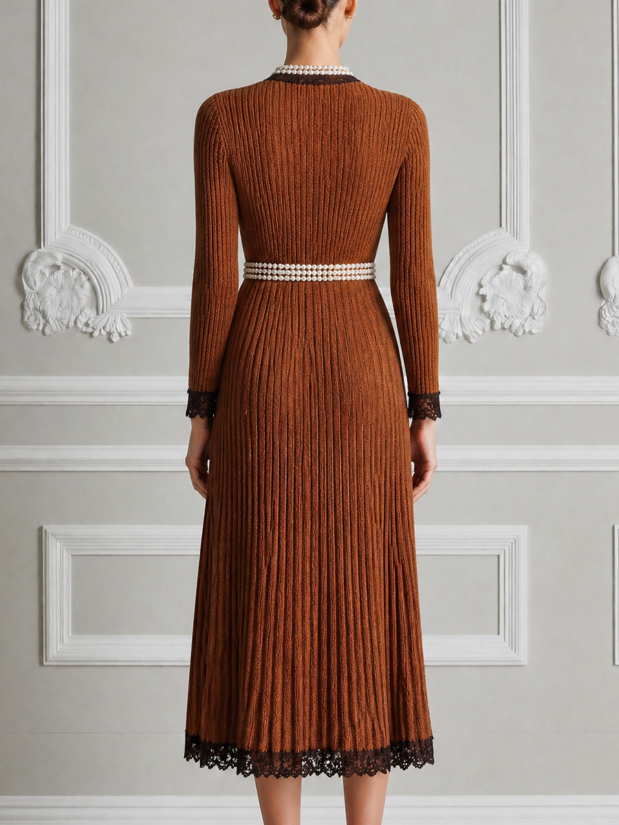 Brown Fall Fashion Lace Trim Pearl Button Pleated Knit Midi Dress