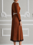 Brown Fall Fashion Lace Trim Pearl Button Pleated Knit Midi Dress