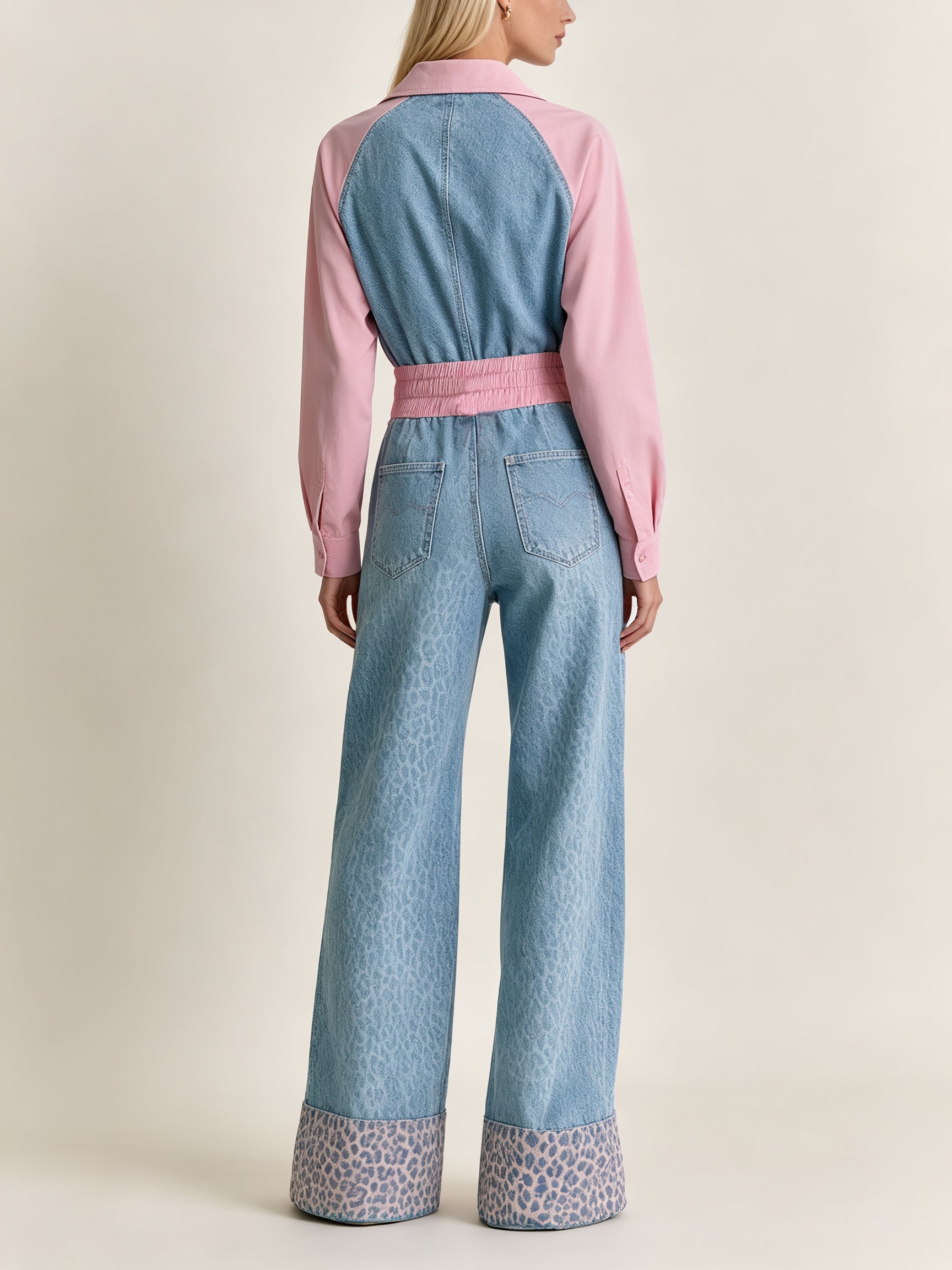 Women’s Color Block Jumpsuit Set – Contrast Polo Top & Wide Leg Pants