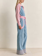 Women’s Color Block Jumpsuit Set – Contrast Polo Top & Wide Leg Pants