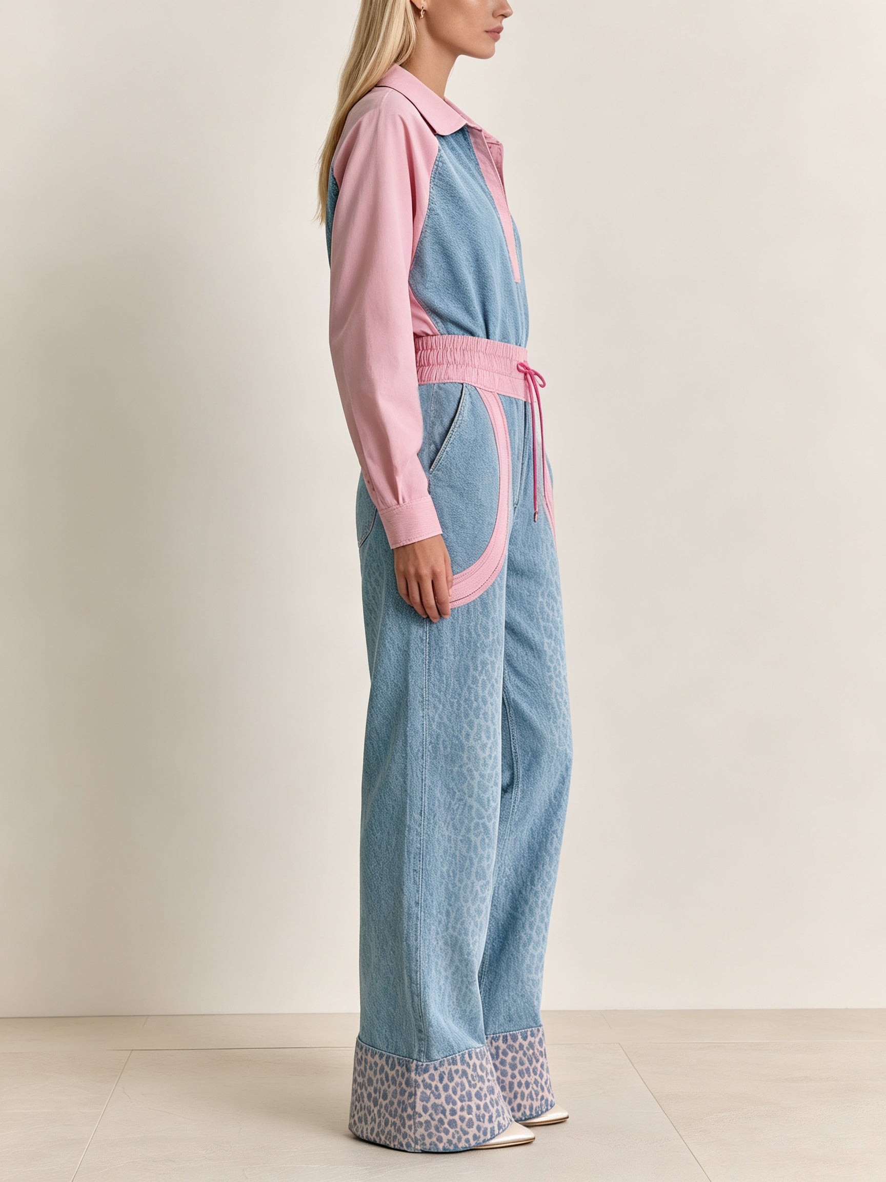 Women’s Color Block Jumpsuit Set – Contrast Polo Top & Wide Leg Pants