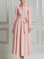Blush Pink Fall Wedding Guest Dress Point Collar Tie Waist A-Line Midi Dress