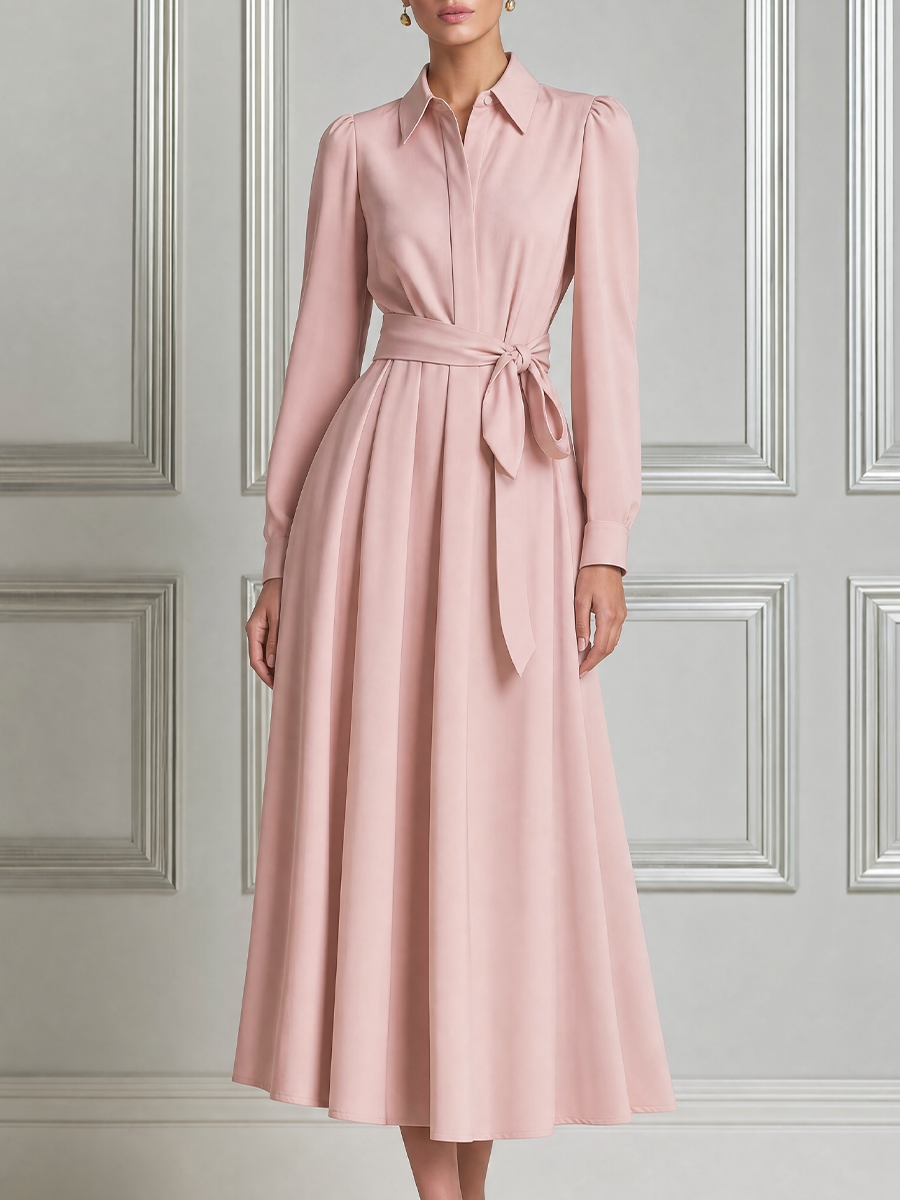 Blush Pink Fall Wedding Guest Dress Point Collar Tie Waist A-Line Midi Dress