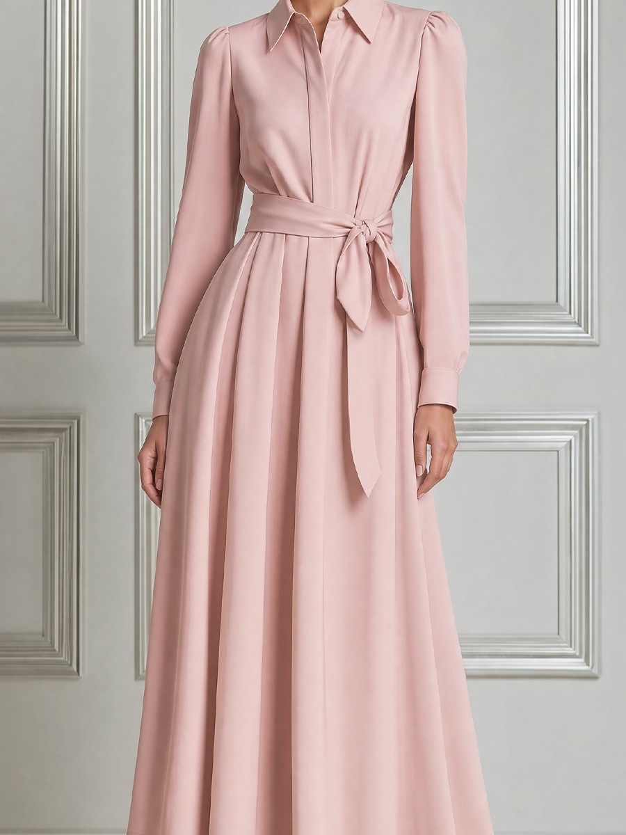 Blush Pink Fall Wedding Guest Dress Point Collar Tie Waist A-Line Midi Dress
