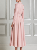 Blush Pink Fall Wedding Guest Dress Point Collar Tie Waist A-Line Midi Dress