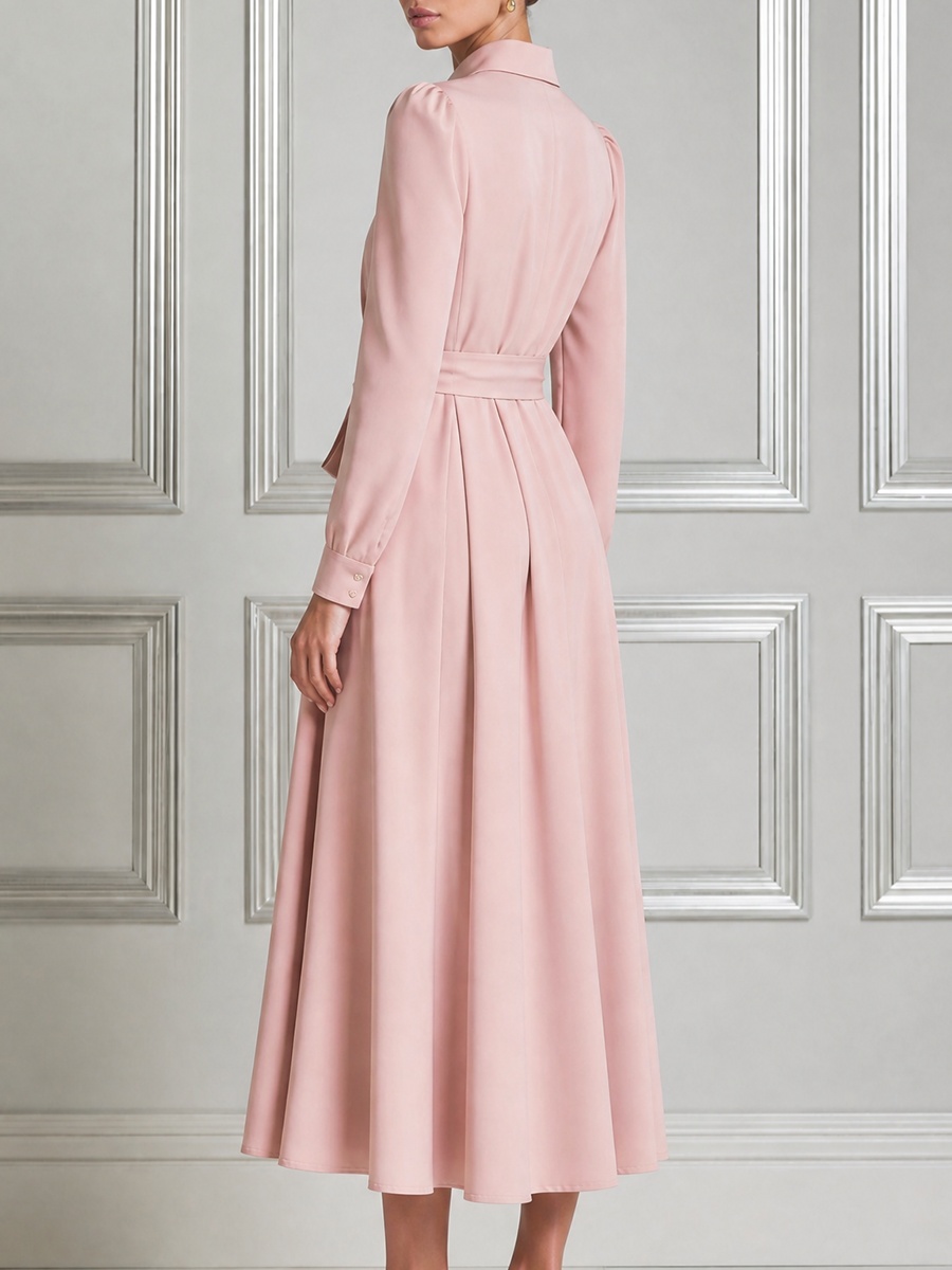 Blush Pink Fall Wedding Guest Dress Point Collar Tie Waist A-Line Midi Dress