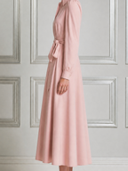 Blush Pink Fall Wedding Guest Dress Point Collar Tie Waist A-Line Midi Dress