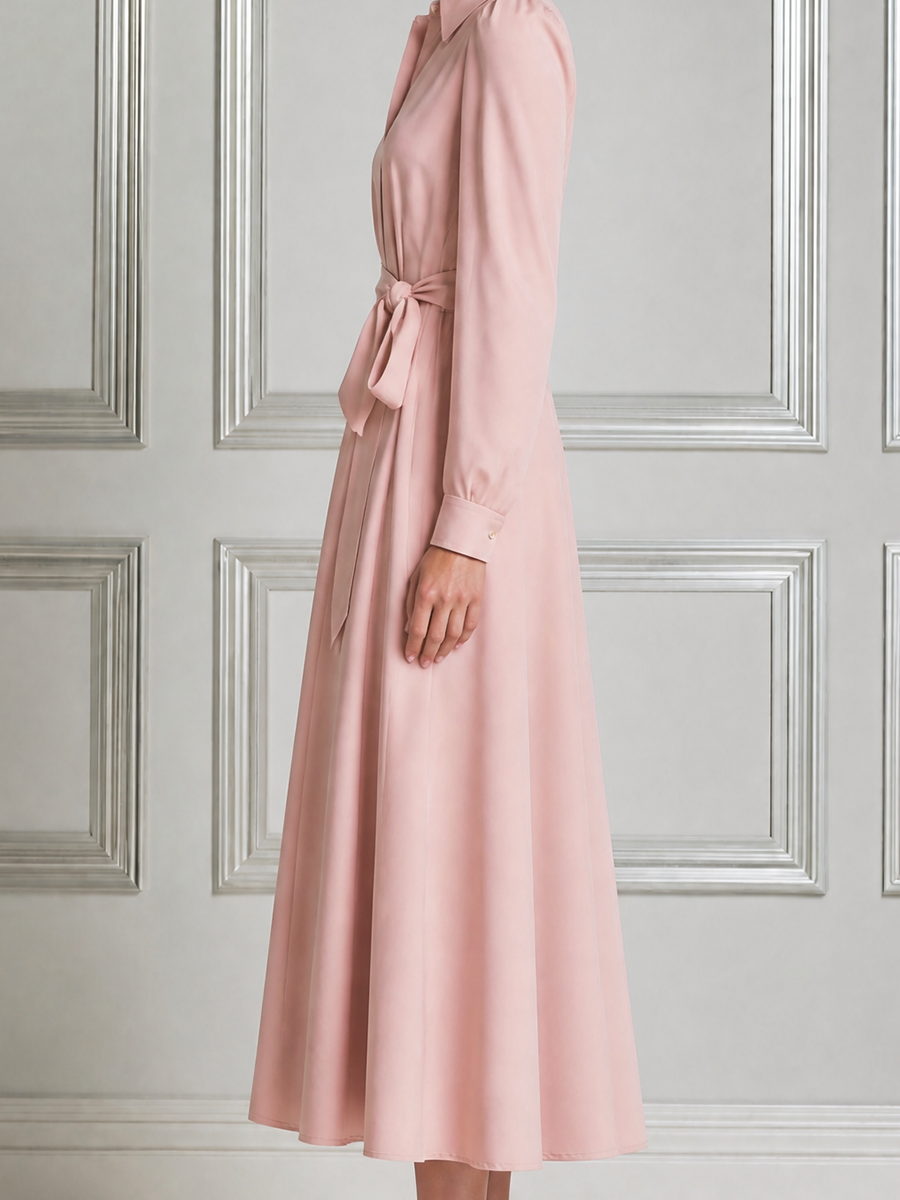Blush Pink Fall Wedding Guest Dress Point Collar Tie Waist A-Line Midi Dress