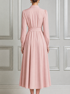 Blush Pink Fall Wedding Guest Dress Point Collar Tie Waist A-Line Midi Dress