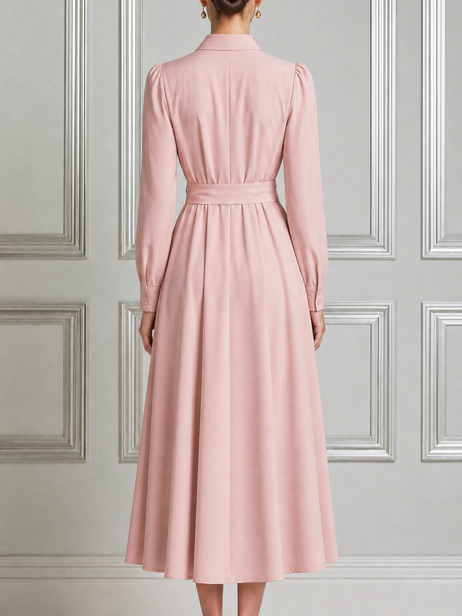 Blush Pink Fall Wedding Guest Dress Point Collar Tie Waist A-Line Midi Dress