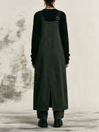 Vintage Washed Dark Green Overall Midi Dress, Utility Sleeveless Pinafore Dress