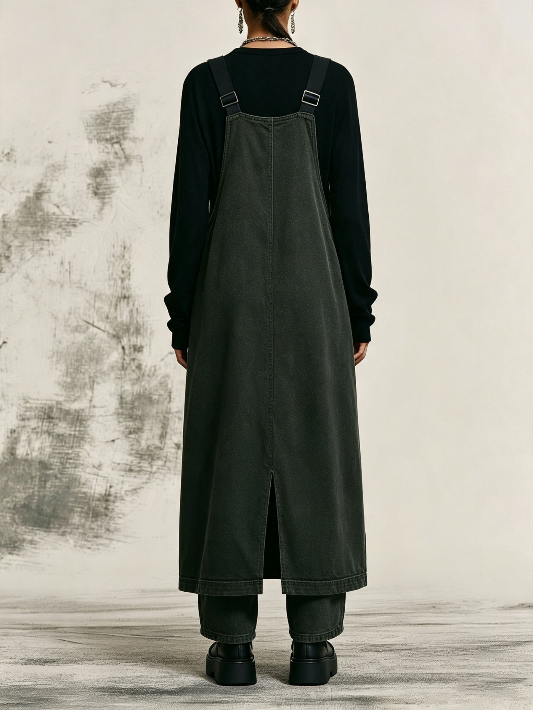 Vintage Washed Dark Green Overall Midi Dress, Utility Sleeveless Pinafore Dress