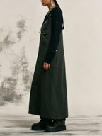 Vintage Washed Dark Green Overall Midi Dress, Utility Sleeveless Pinafore Dress