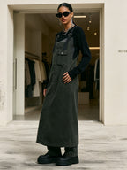 Vintage Washed Dark Green Overall Midi Dress, Utility Sleeveless Pinafore Dress