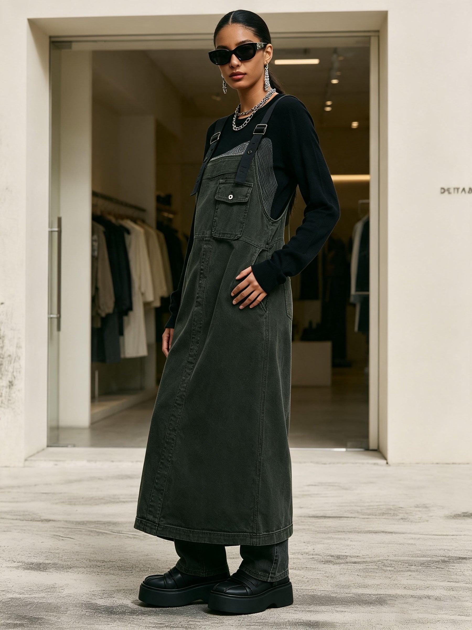 Vintage Washed Dark Green Overall Midi Dress, Utility Sleeveless Pinafore Dress