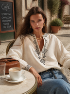 Ivory Cotton-Linen Embroidered Split-Neck Balloon Sleeve Resort Blouse