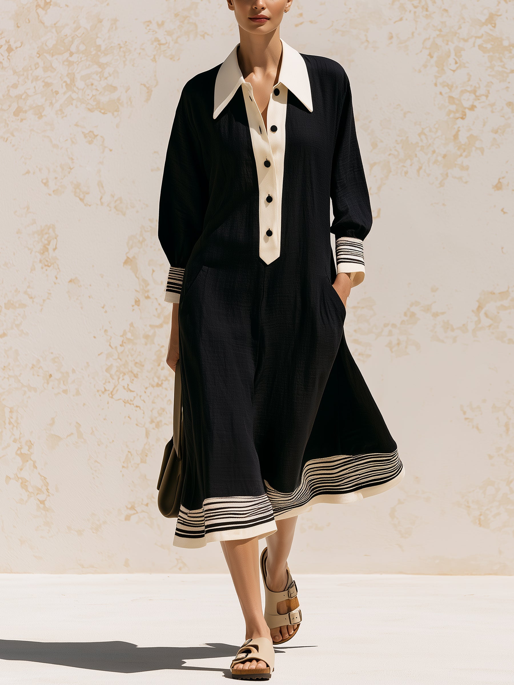 Women’s Contrast Stripe Button-Front Midi Shirt Dress