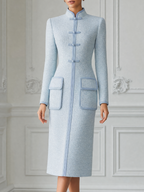Light Blue Fall Fashion Stand Collar Frog Button Pencil Midi Dress