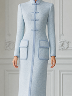 Light Blue Fall Fashion Stand Collar Frog Button Pencil Midi Dress