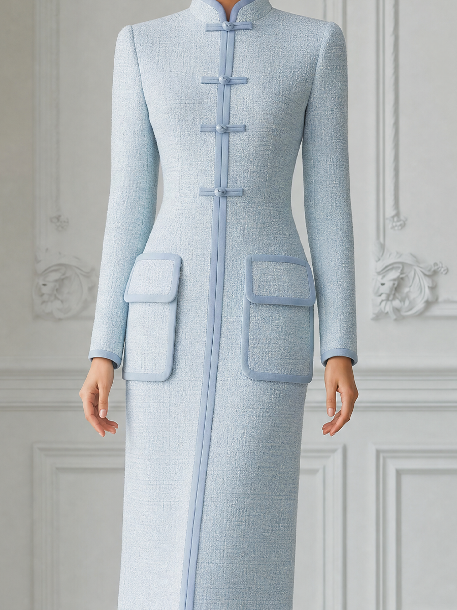 Light Blue Fall Fashion Stand Collar Frog Button Pencil Midi Dress