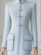 Light Blue Fall Fashion Stand Collar Frog Button Pencil Midi Dress