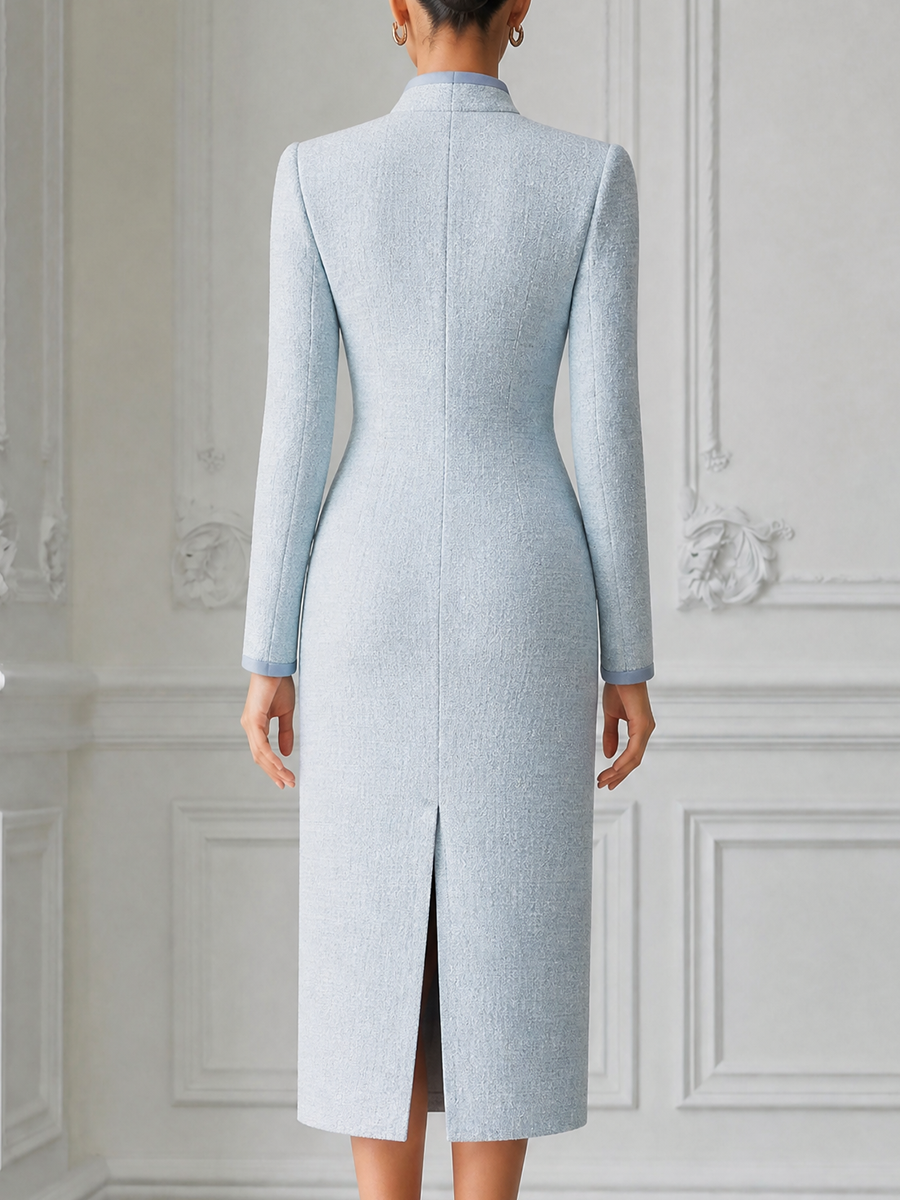Light Blue Fall Fashion Stand Collar Frog Button Pencil Midi Dress