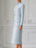 Light Blue Fall Fashion Stand Collar Frog Button Pencil Midi Dress