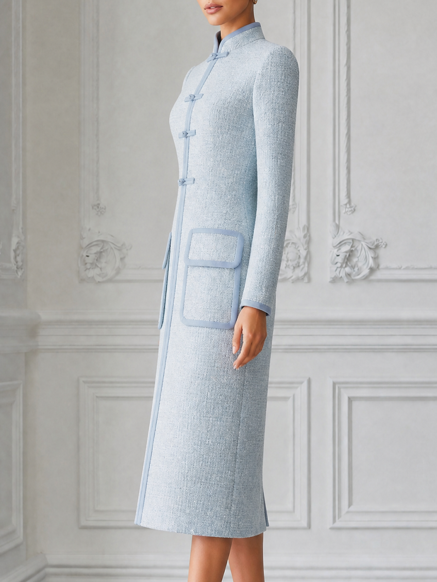 Light Blue Fall Fashion Stand Collar Frog Button Pencil Midi Dress