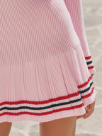 Blush Pink Ribbed V-Neck Contrast-Trim Flounce-Hem Resort Mini Dress
