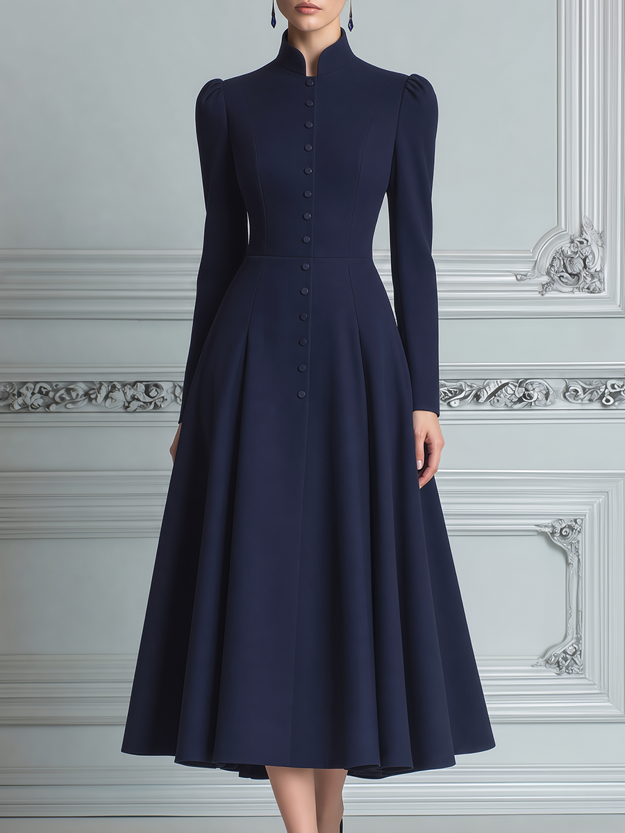 Navy Fall Fashion Stand Collar Button Front A-Line Midi Dress