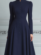 Navy Fall Fashion Stand Collar Button Front A-Line Midi Dress
