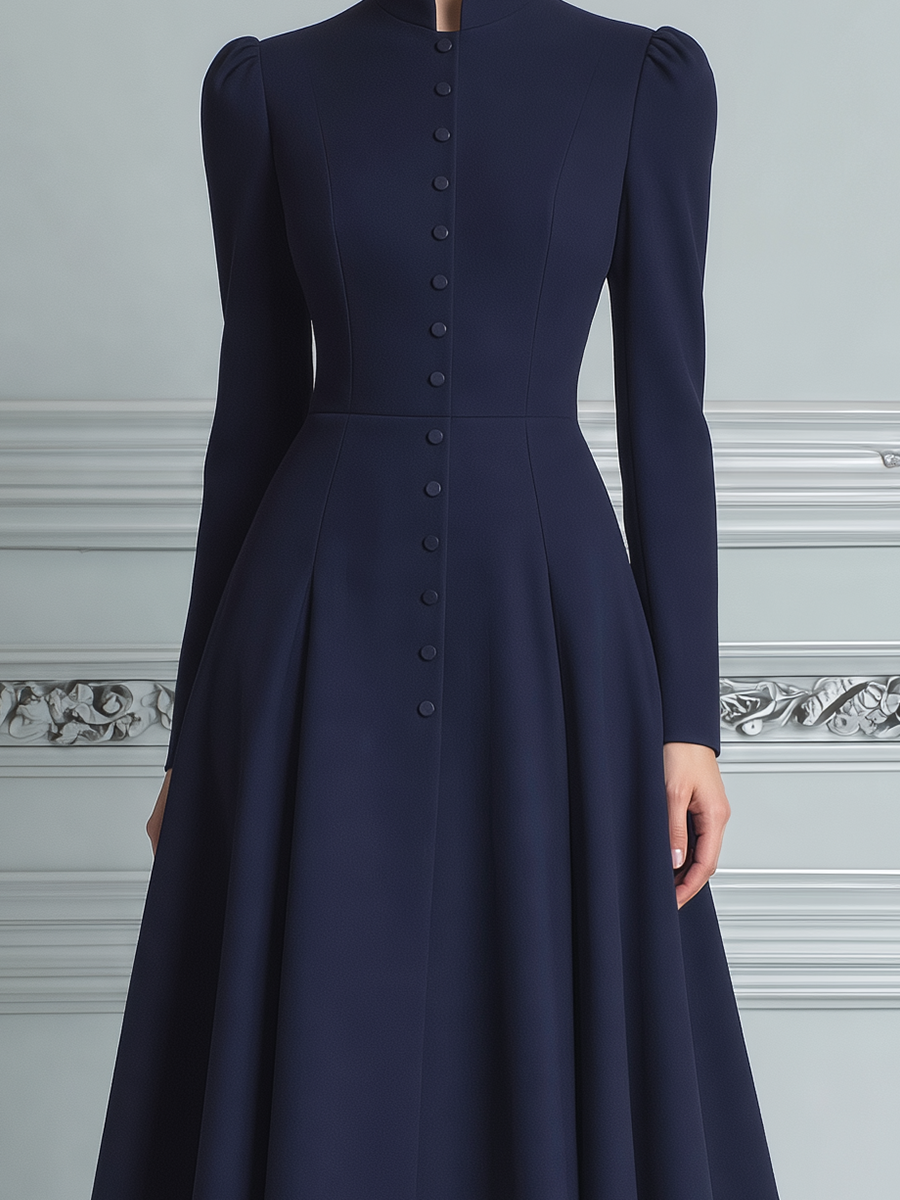 Navy Fall Fashion Stand Collar Button Front A-Line Midi Dress
