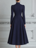 Navy Fall Fashion Stand Collar Button Front A-Line Midi Dress