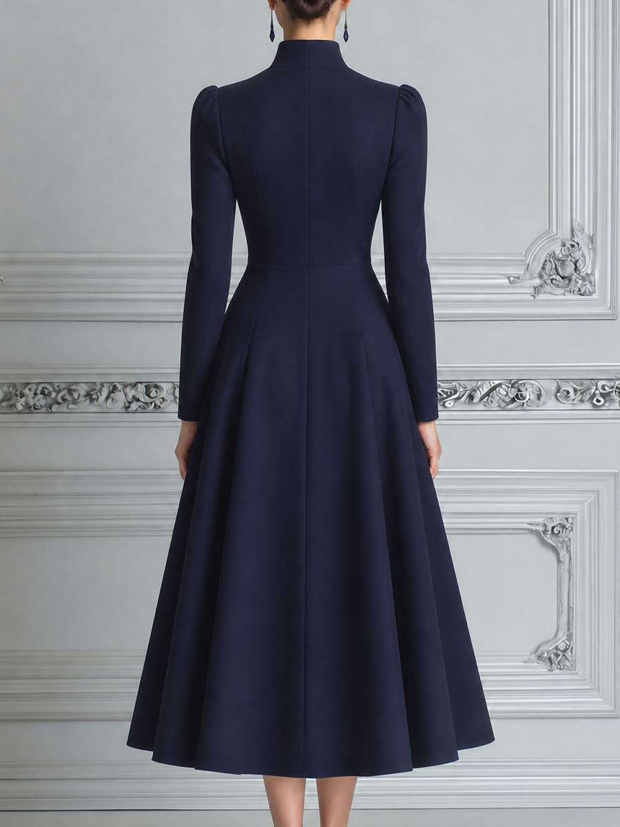 Navy Fall Fashion Stand Collar Button Front A-Line Midi Dress
